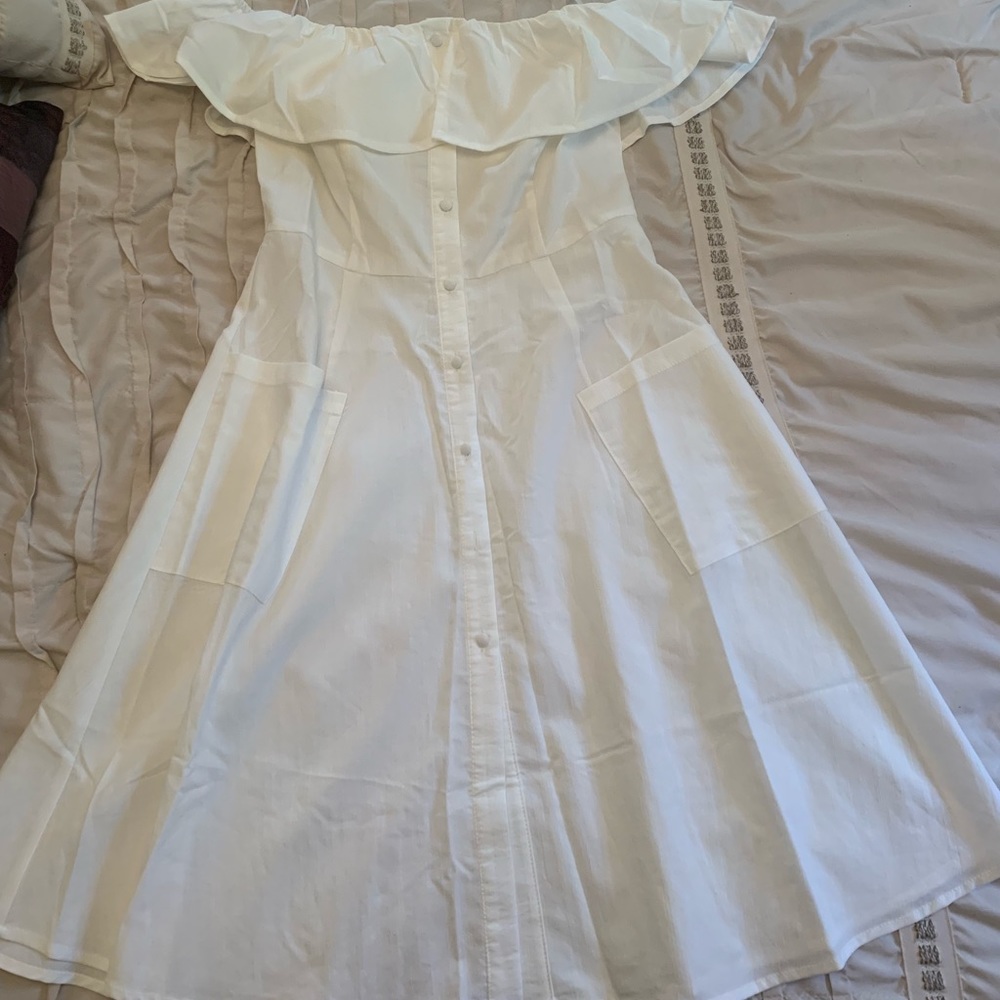 White off shoulder button down dress